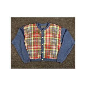 Vintage Liz Wear Plaid Cardigan Sweater - Blue with Multi-Color Plaid Size S
